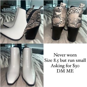 I am selling these super cute, white/black ankle booties with snake skin design.